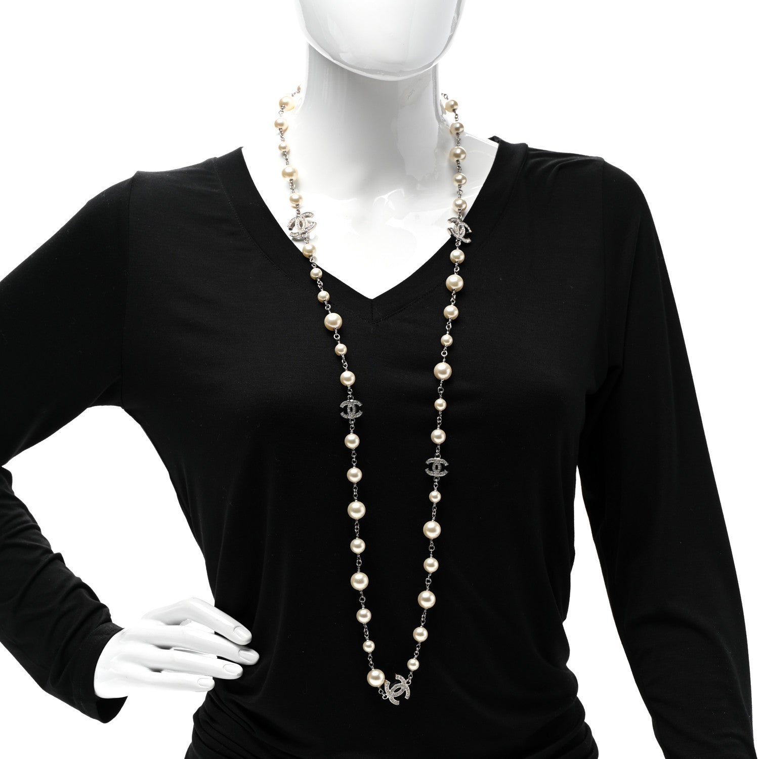 Chanel Graduated Pearl Crystal CC Long Necklace Silver 2 of 5