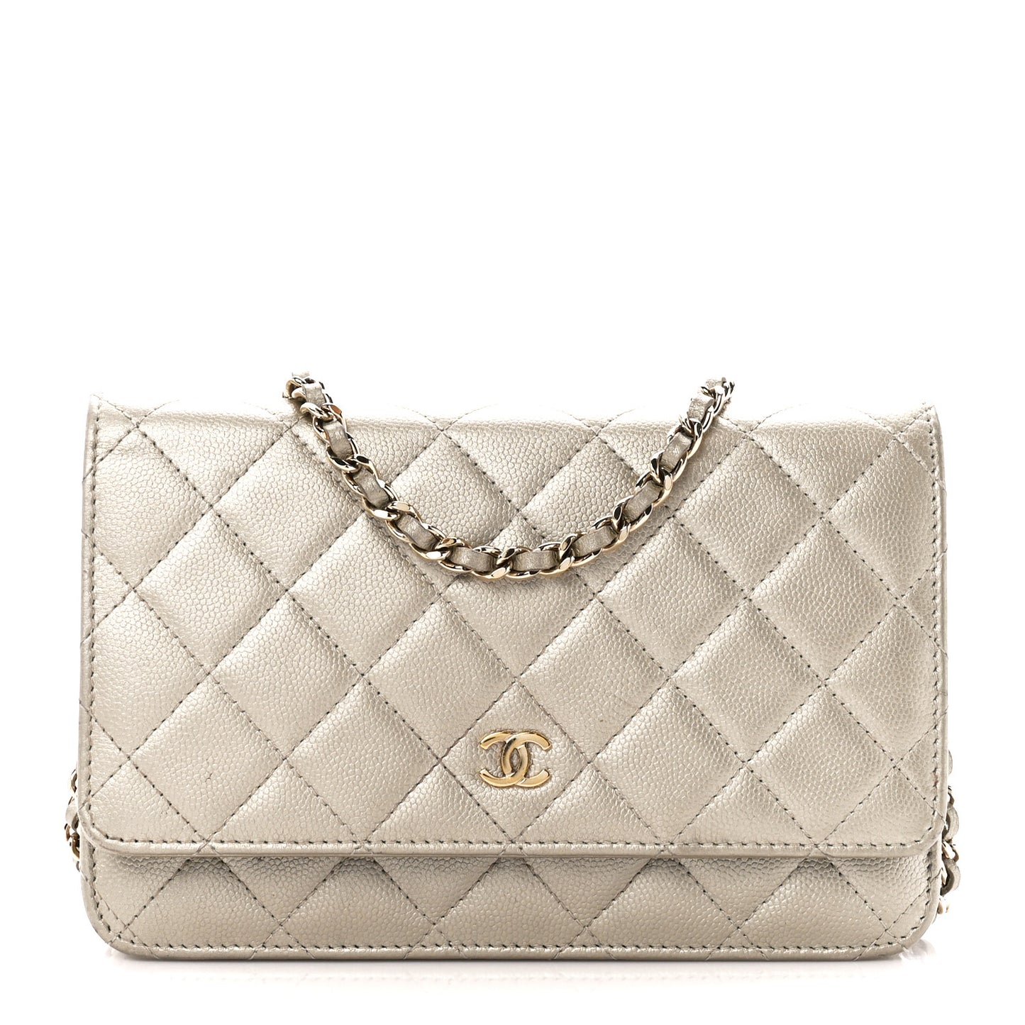 Pearly Caviar Quilted Wallet On Chain WOC Light Gold