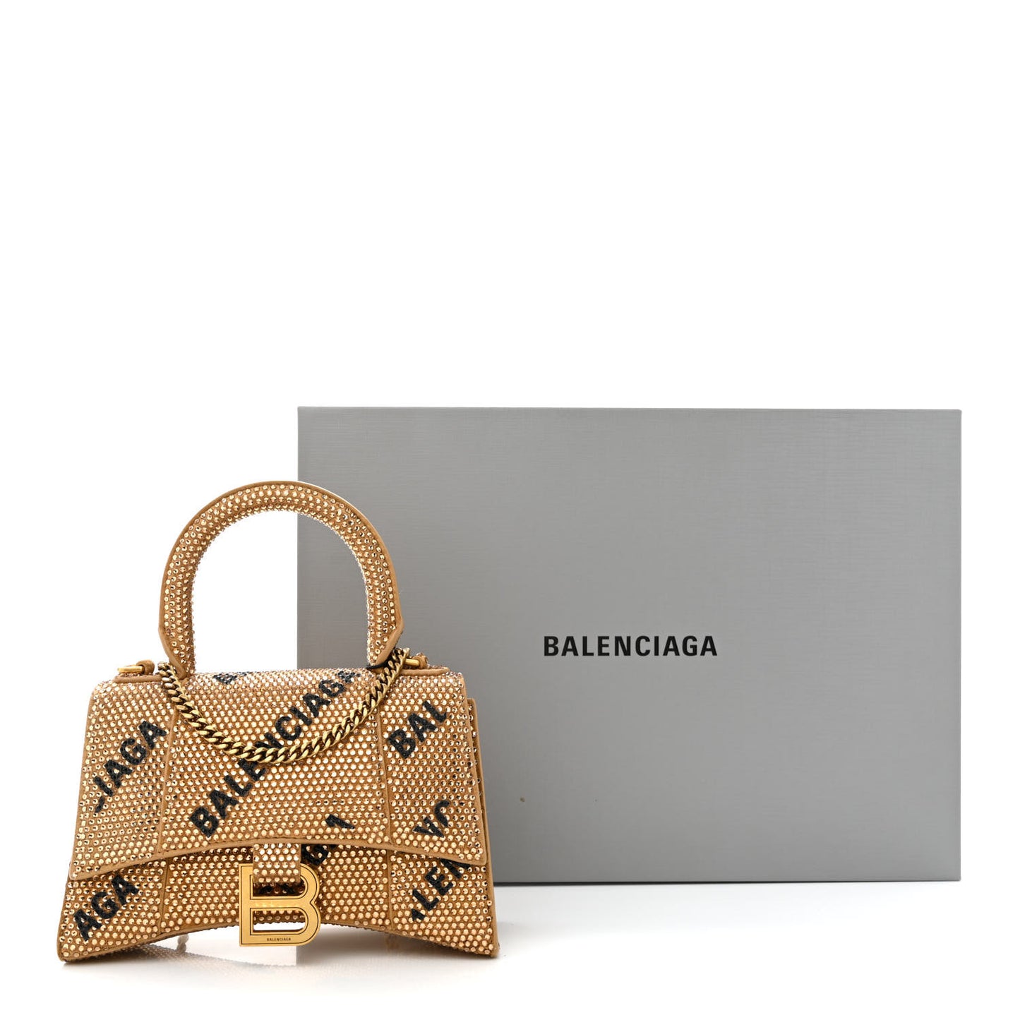 Strass Suede Allover Logo Hourglass Top Handle Bag XS with Chain Gold Black