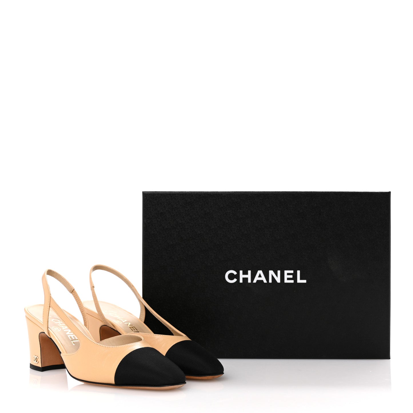 Goatskin Grosgrain Cap Toe CC Slingback Pumps 36 Beige Black