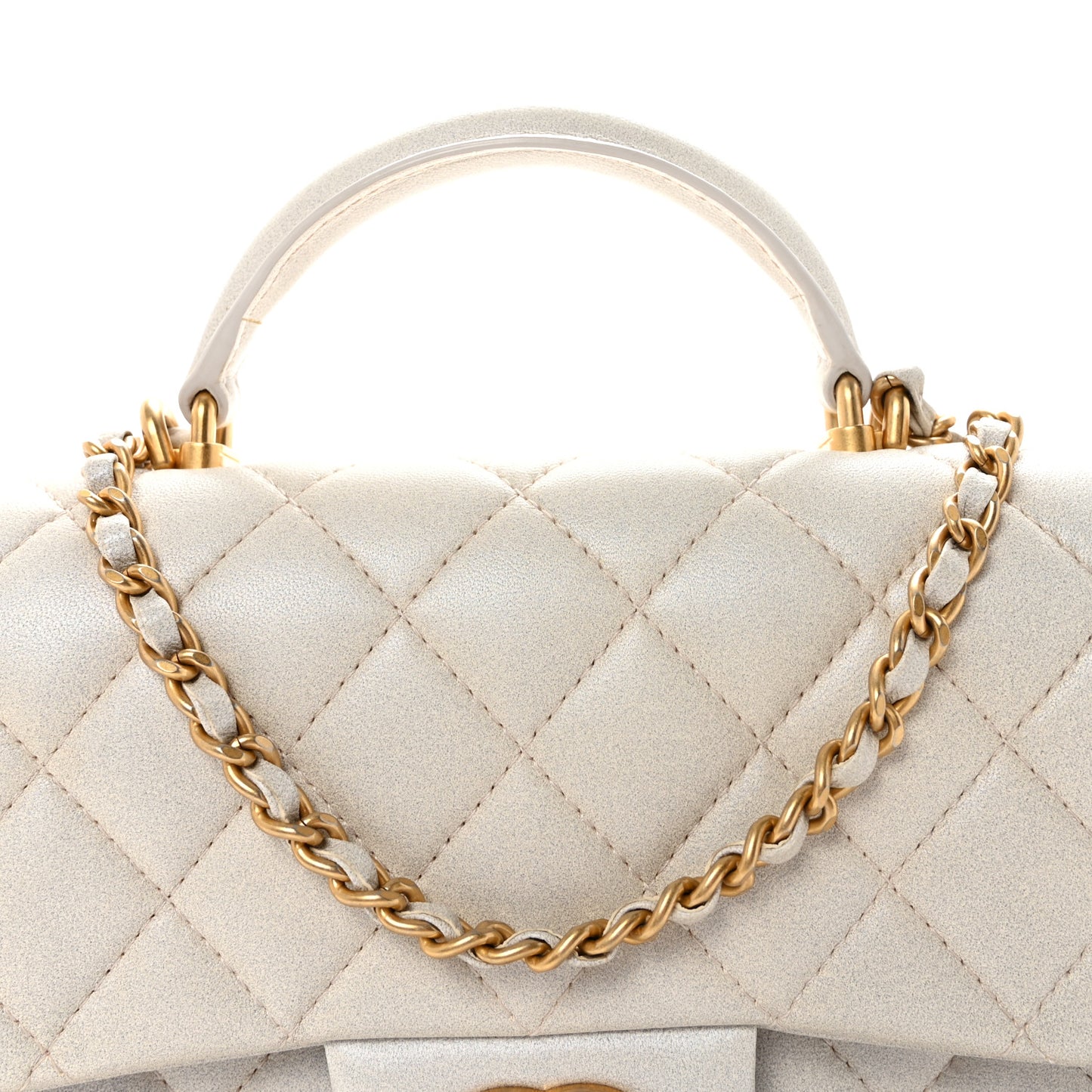 Iridescent Lambskin Quilted Mini Top Handle Rectangular Flap White