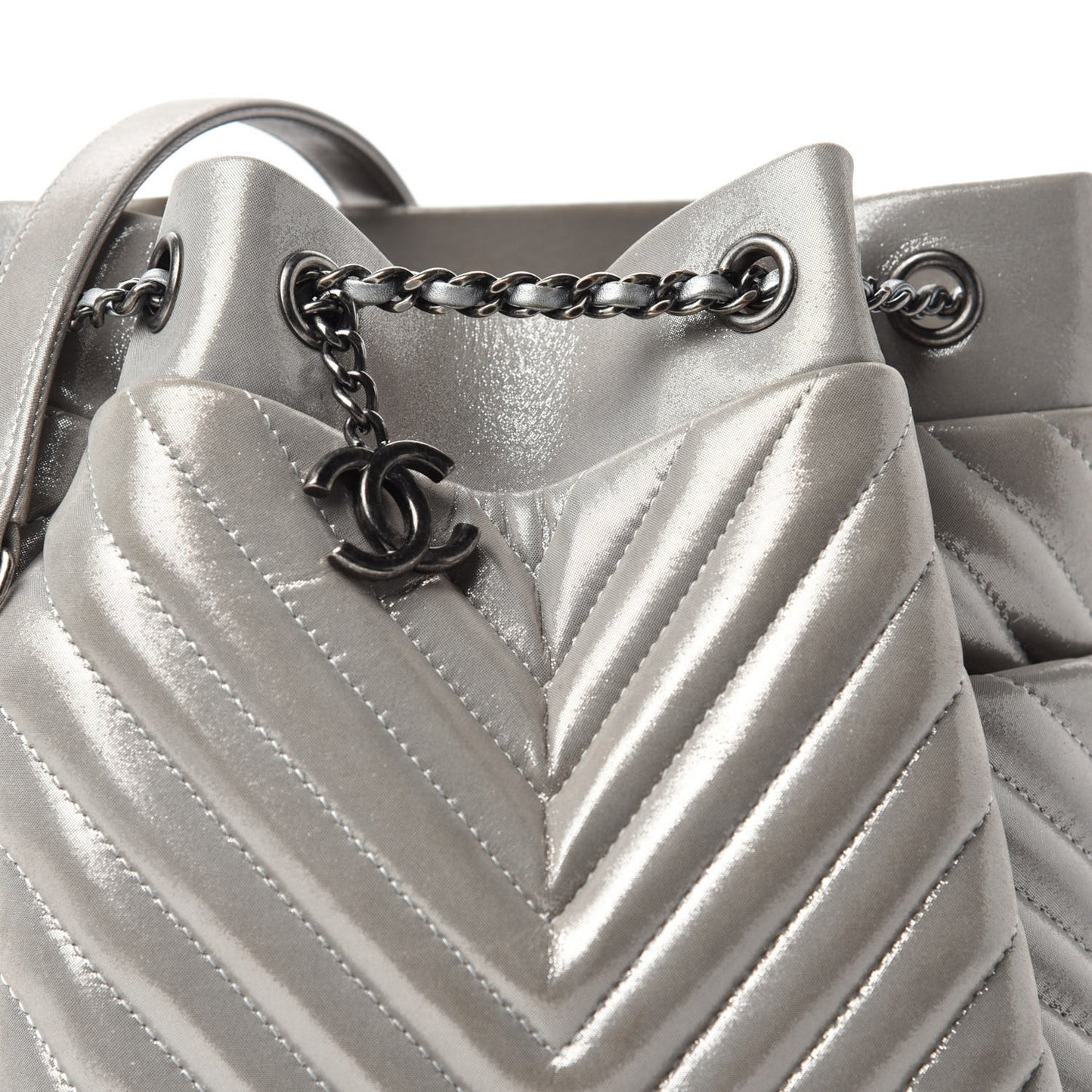 Iridescent Calfskin Chevron Small Urban Spirit Drawstring Bag Silver
