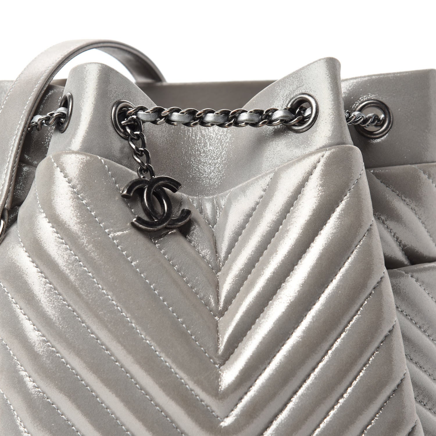 Chanel Iridescent Calfskin Chevron Small Urban Spirit Drawstring Bag Silver 18 of 18