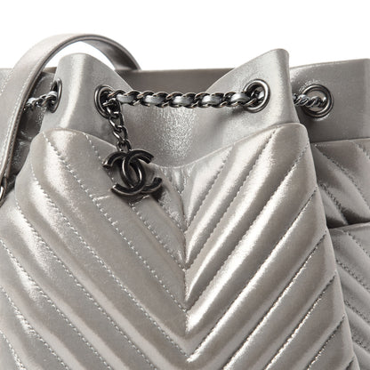 Chanel Iridescent Calfskin Chevron Small Urban Spirit Drawstring Bag Silver 18 of 18