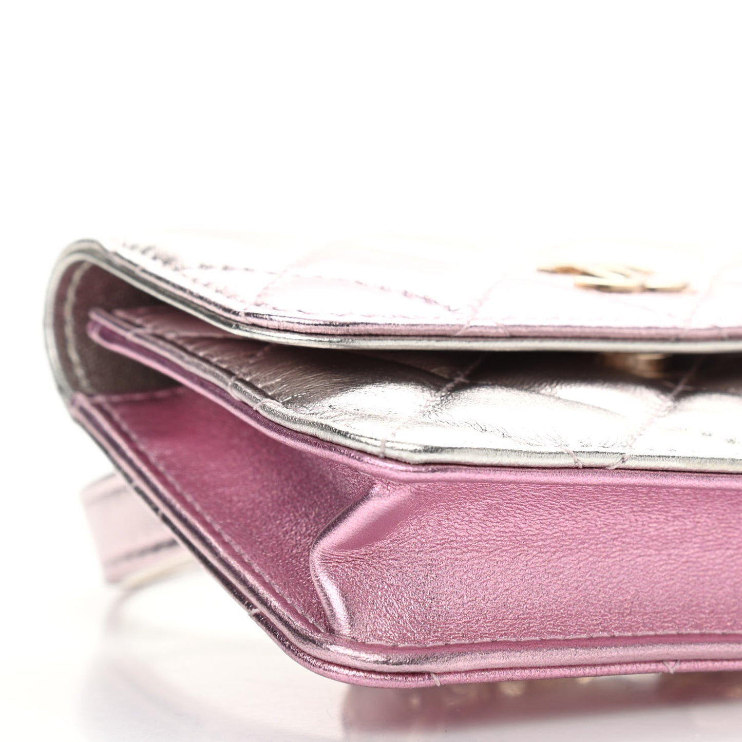 Gradient Metallic Lambskin Quilted Flap Chain Belt Bag Gold Pink
