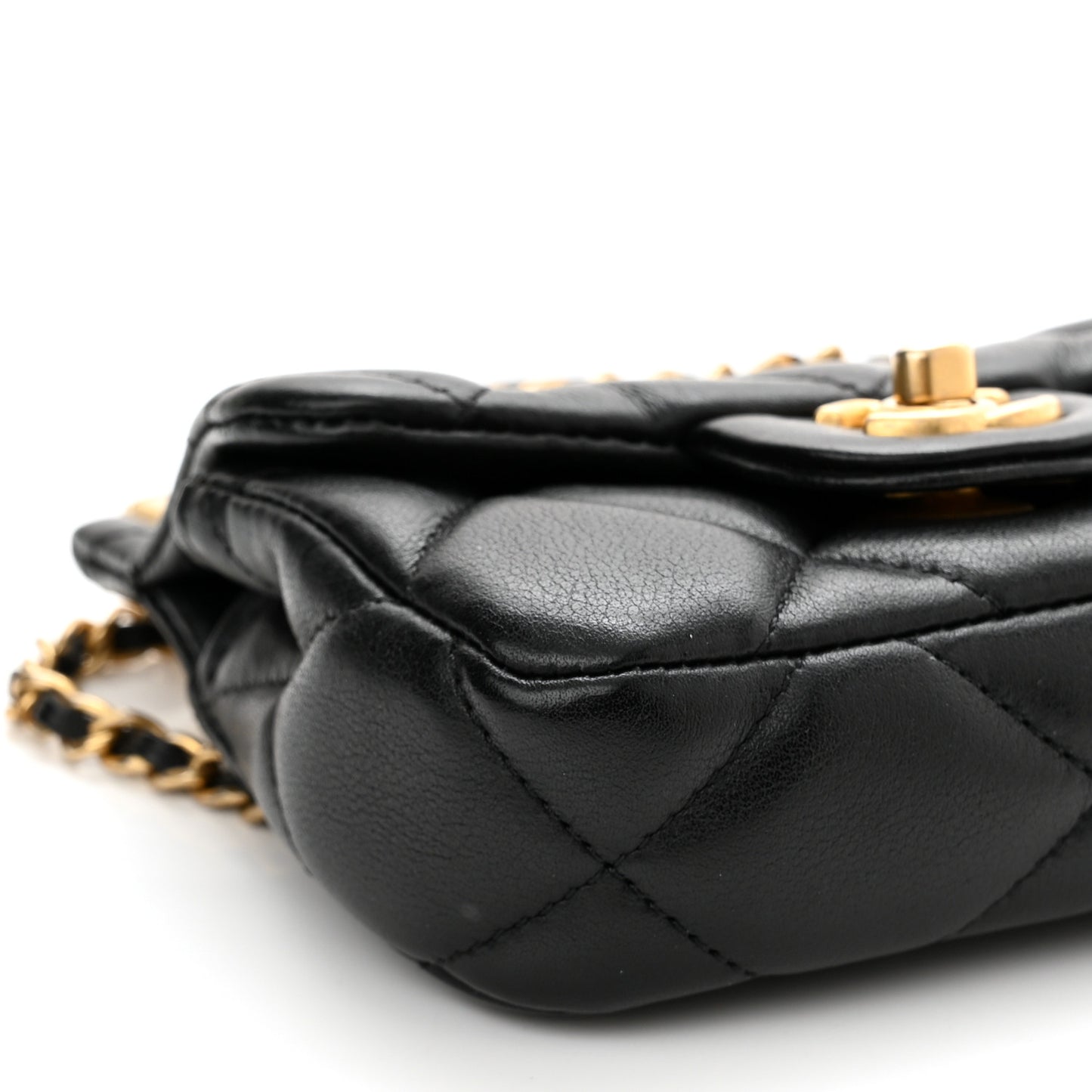 Calfskin Quilted Lady Handle Flap Card Holder With Chain Black