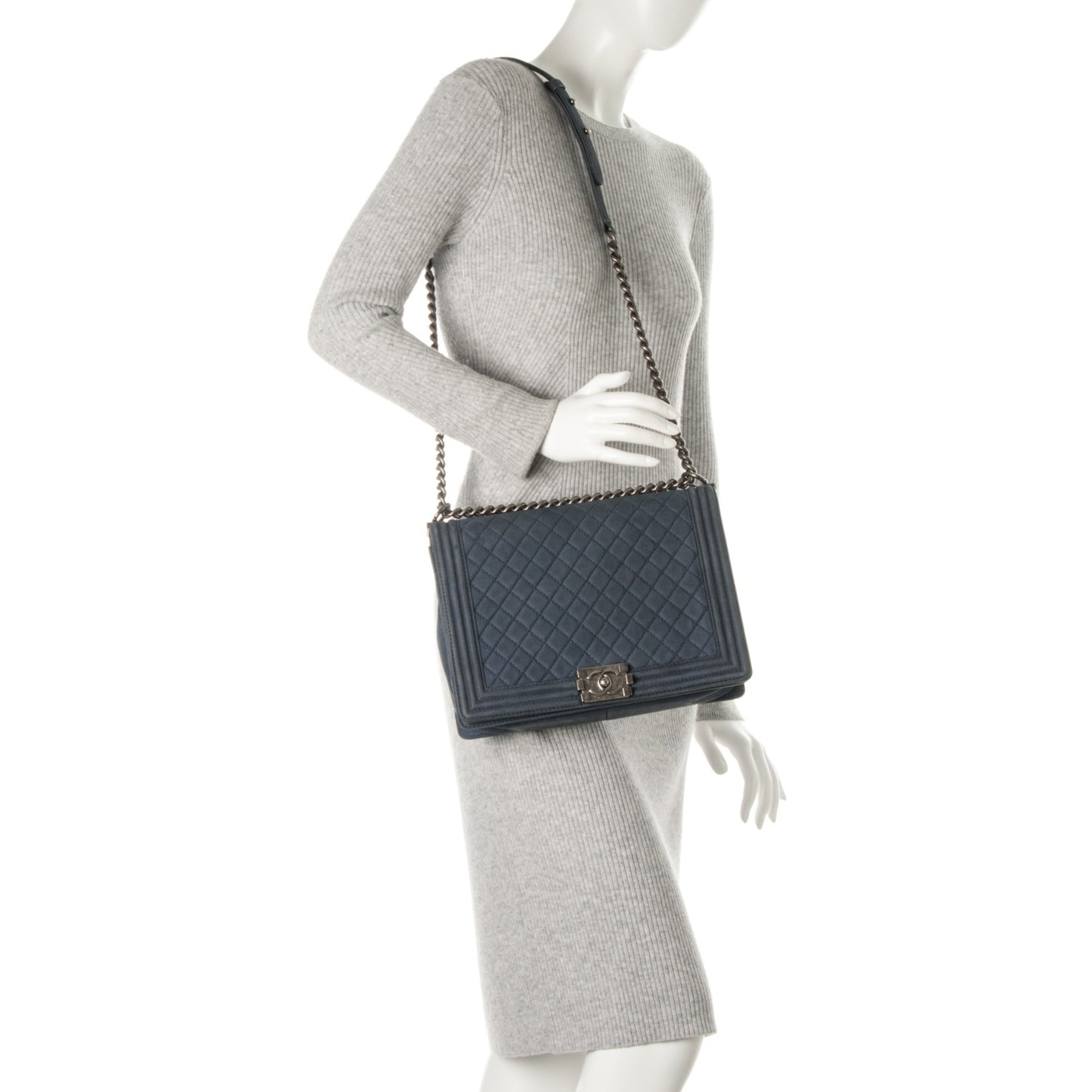 Iridescent Caviar Quilted Large Boy Flap Navy Blue