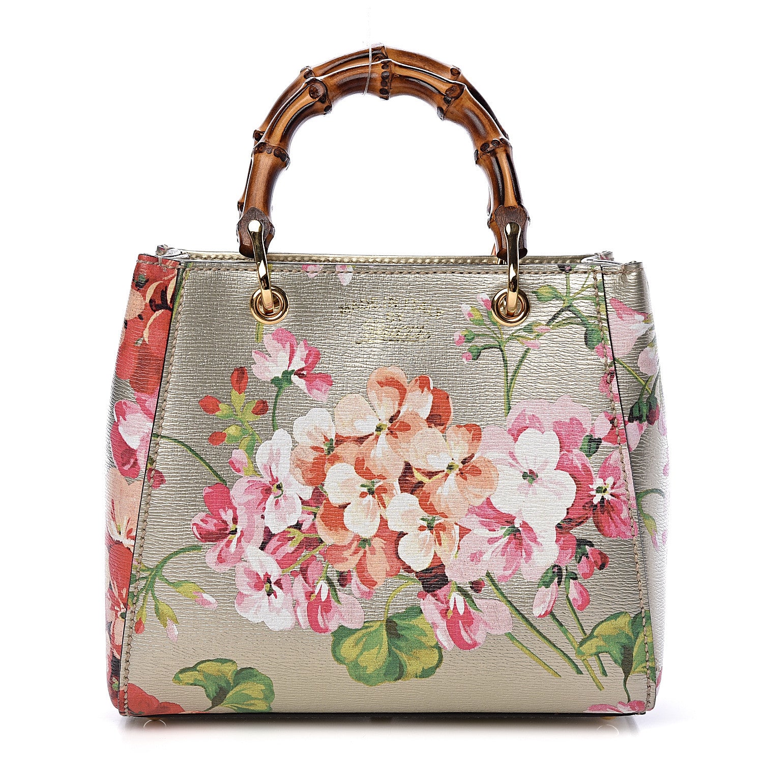 Gucci Metallic Shangai Calfskin Blooms Print Mini Bamboo Shopper Tote Gold Multicolor 1 of 10
