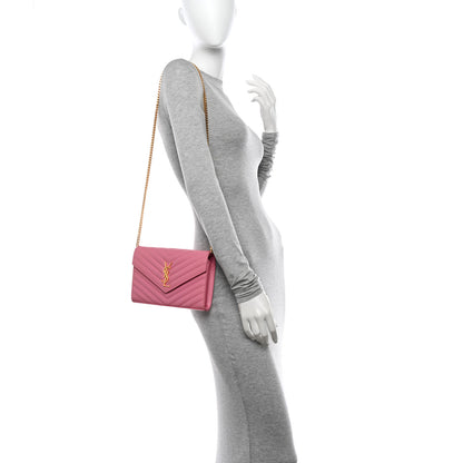 Saint Laurent Grain De Poudre Matelasse Chevron Monogram Chain Wallet Indian Pink 2 of 16