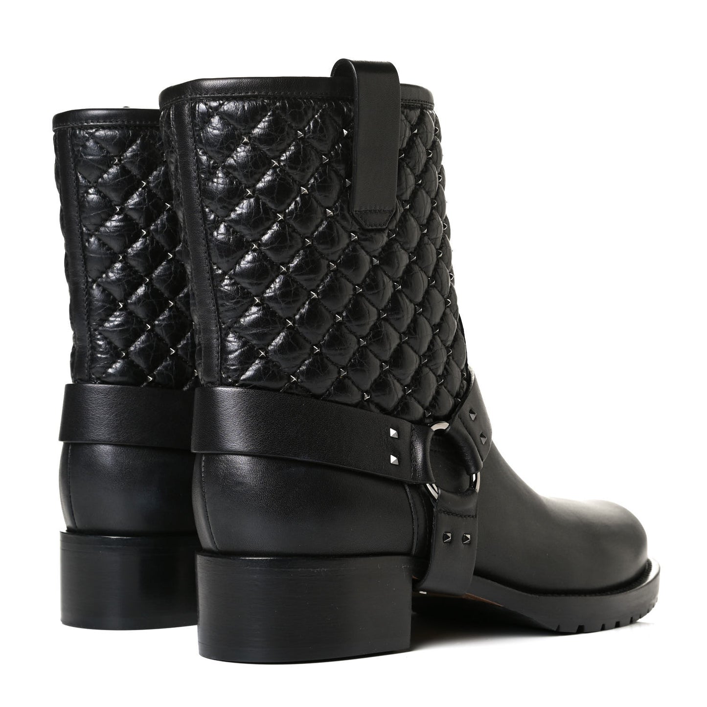 Calfskin Crackled Lambskin Rockstud Spike 20mm Biker Boots 38.5 Black