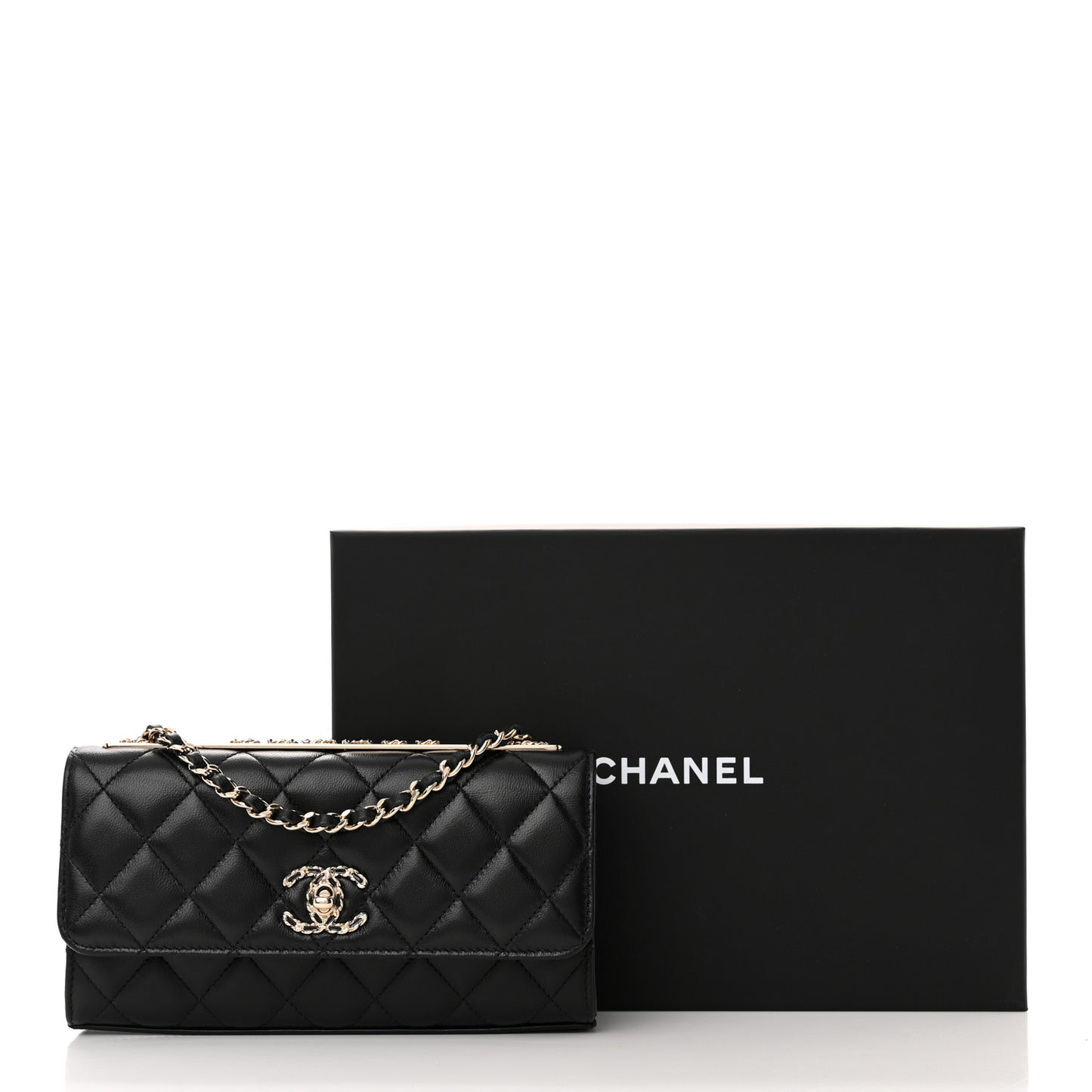 Lambskin Quilted Trendy CC Flap Phone Holder With Chain Black