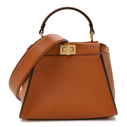 Fendi Vitello Seta Canvas FF Embroidered Mini Peekaboo Iconic Satchel Brandy Grezzo 1 of 11