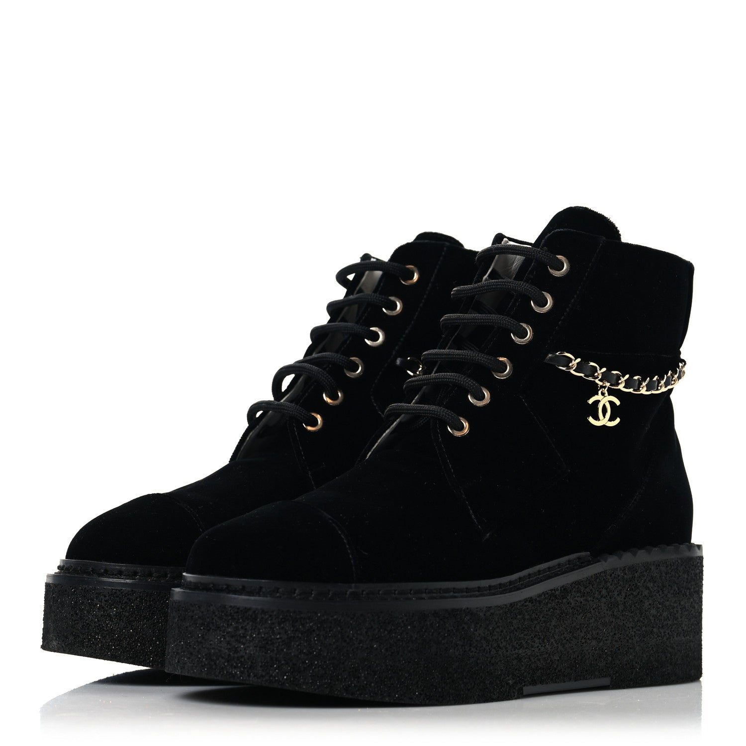 Chanel Velvet Chain Lace Up CC Short Boots 37 Black 4 of 10