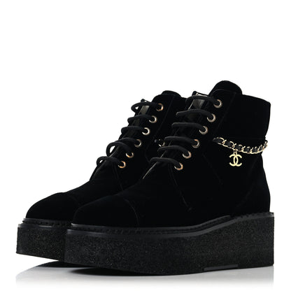 Chanel Velvet Chain Lace Up CC Short Boots 37 Black 4 of 10
