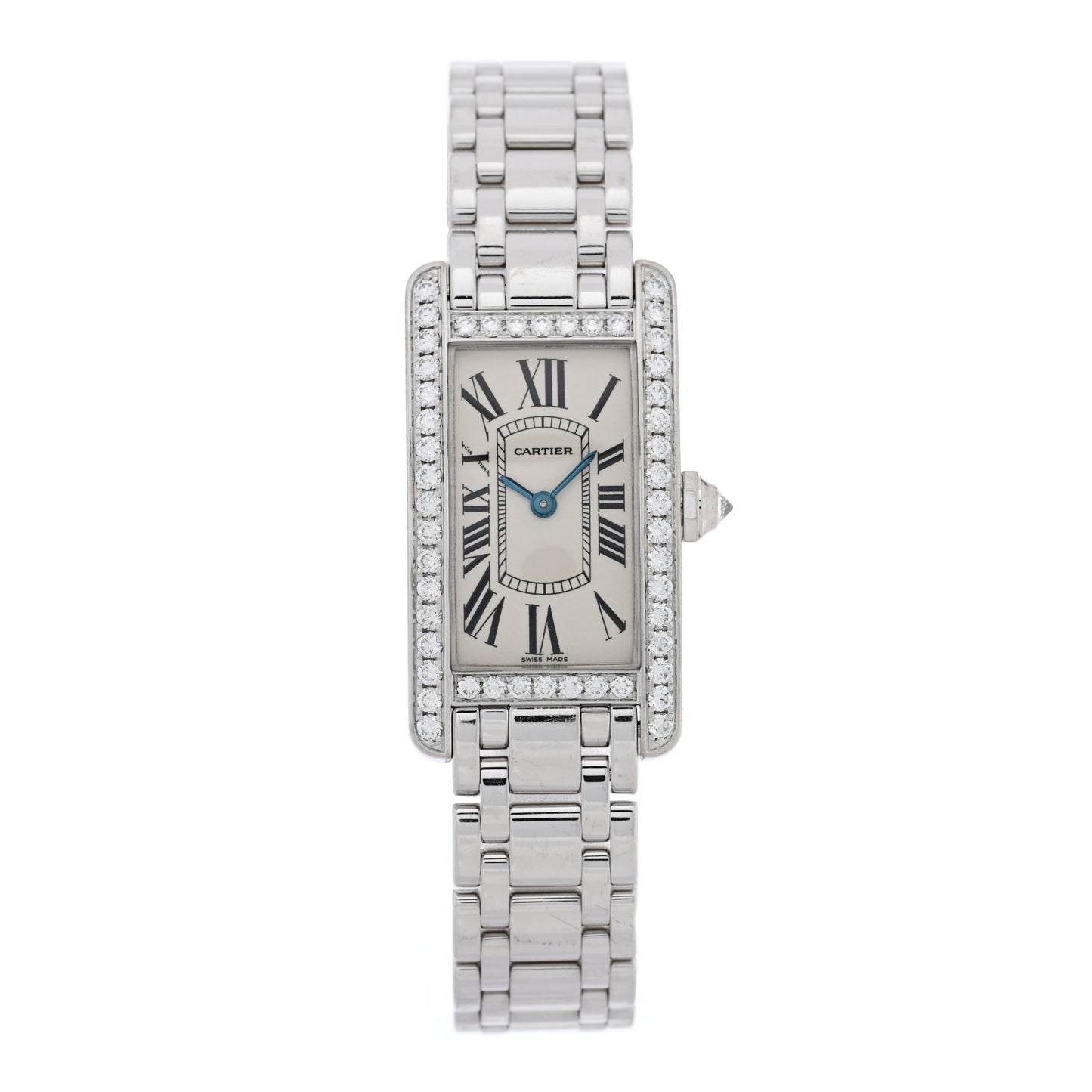 18K White Gold Diamond Bezel 19mm Tank Americaine Quartz Watch