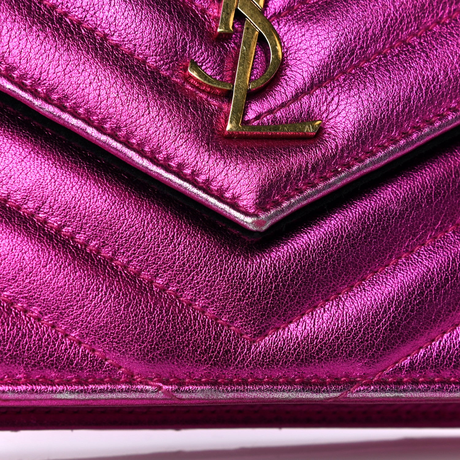 Saint Laurent Metallic Calfskin Matelasse Chevron Monogram Envelope Chain Wallet Fuchsia 15 of 15