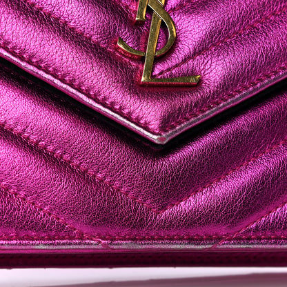 Saint Laurent Metallic Calfskin Matelasse Chevron Monogram Envelope Chain Wallet Fuchsia 15 of 15