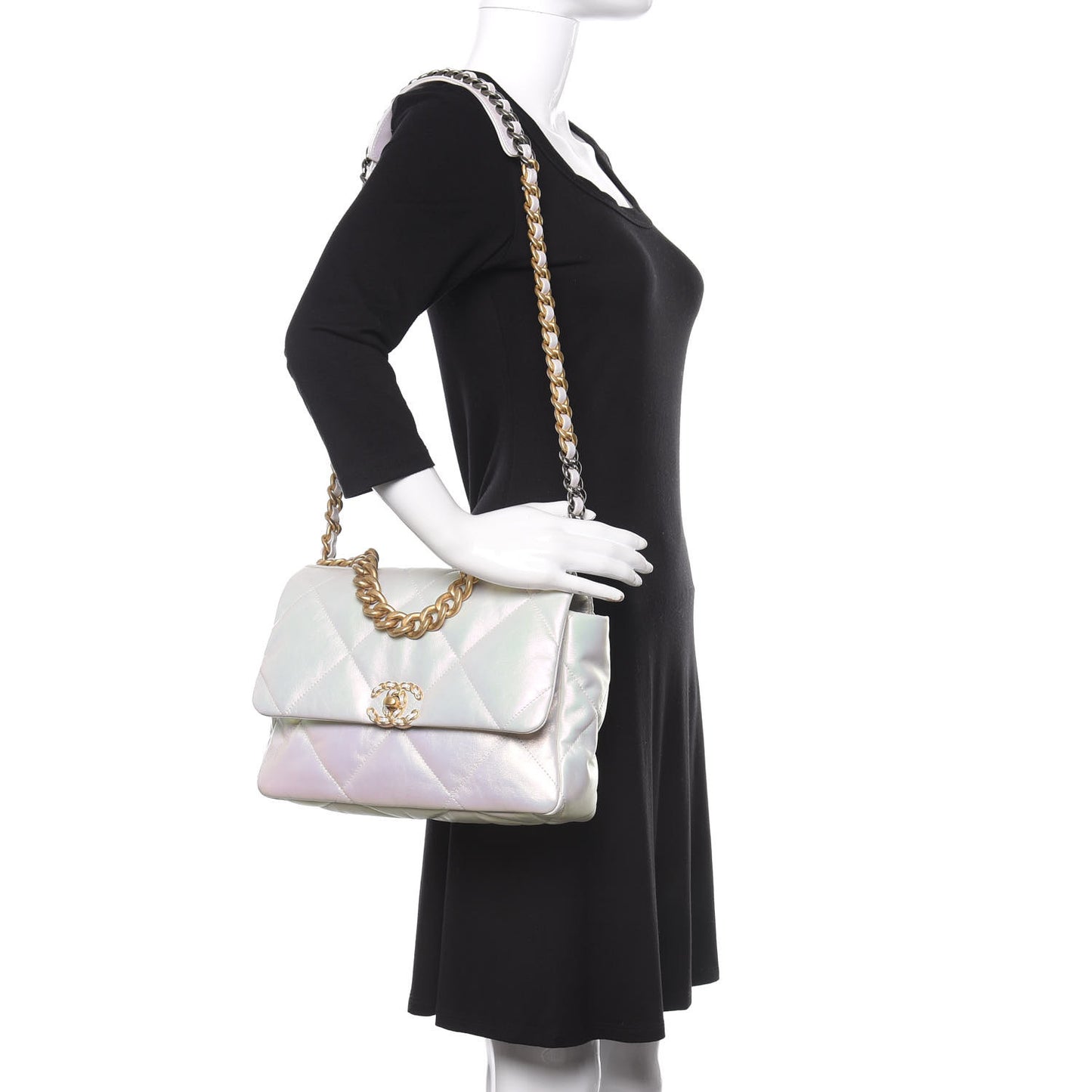 Iridescent Calfskin Quilted Large 19 Flap White