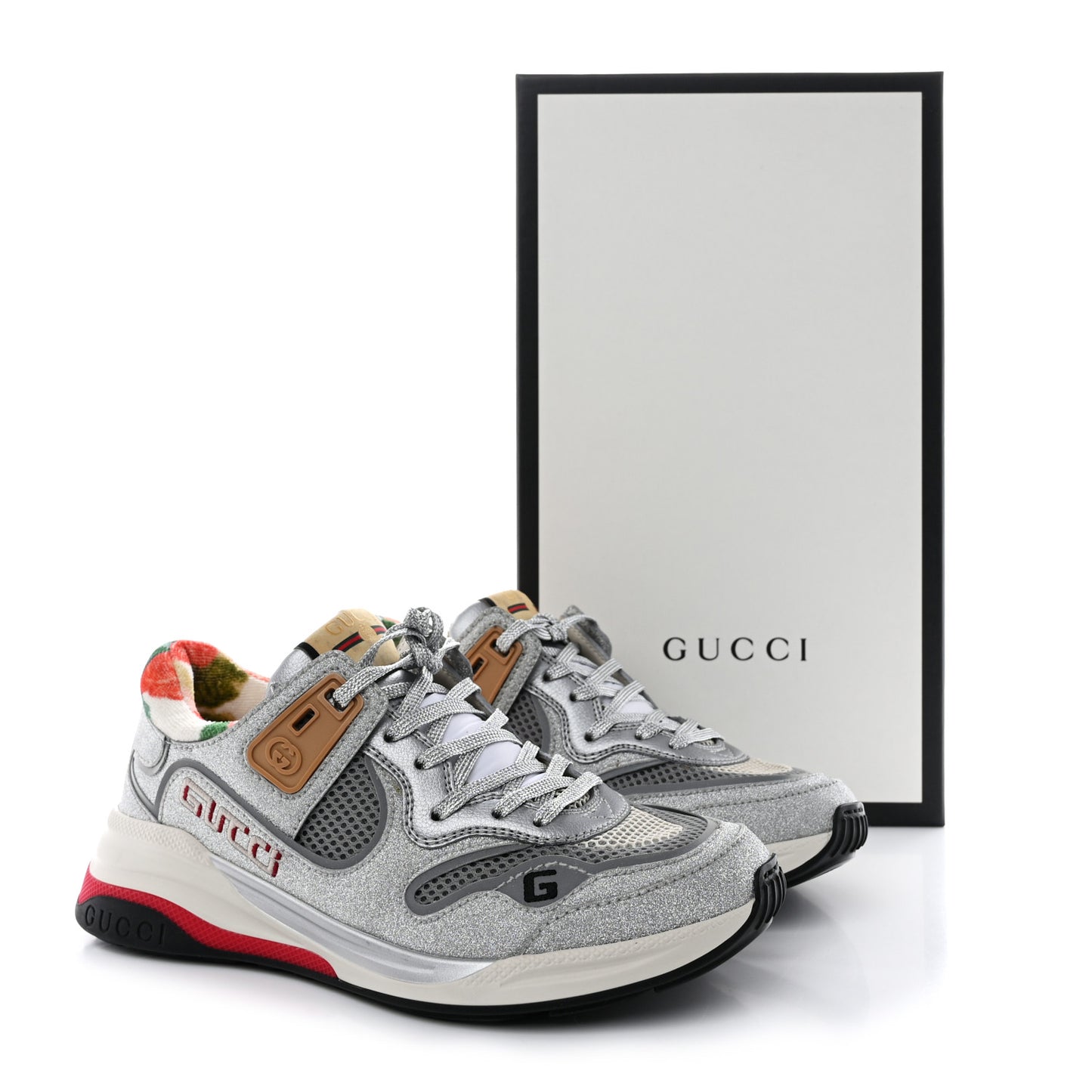Metallic Calfskin Glitter Mesh Womens Ultrapace Sneakers 37 Silver Light Grey Mystic White