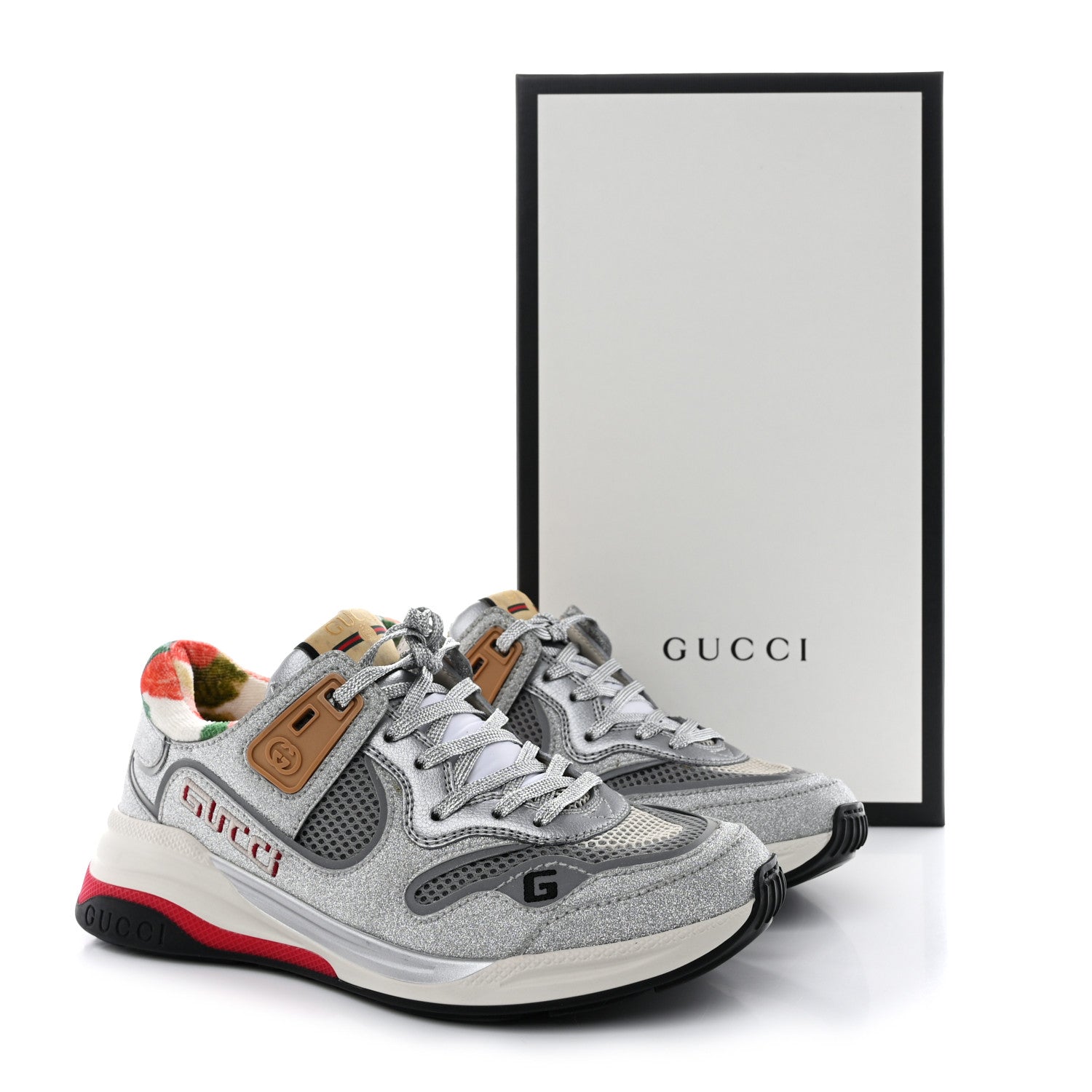 Gucci Metallic Calfskin Glitter Mesh Womens Ultrapace Sneakers 37 Silver Light Grey Mystic White 9 of 9
