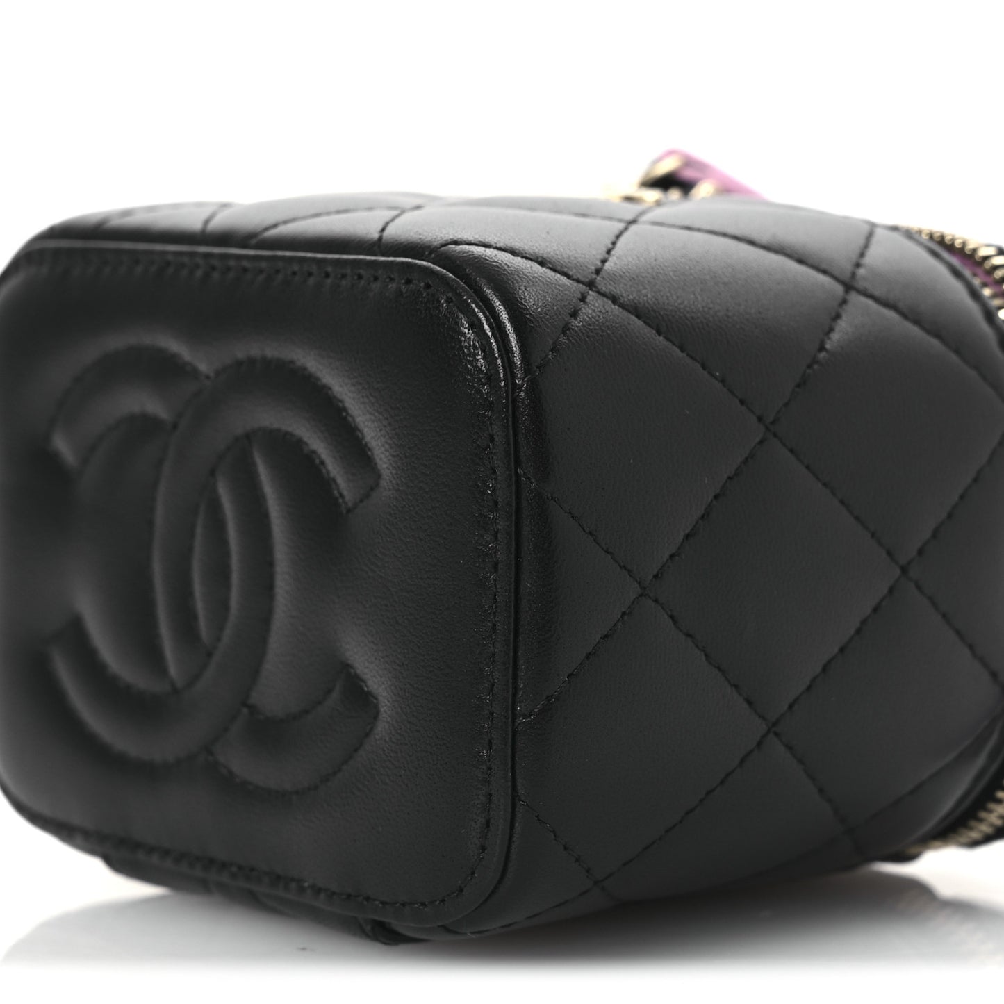 Lambskin Quilted Top Handle Mini Vanity Case With Chain Black Pink