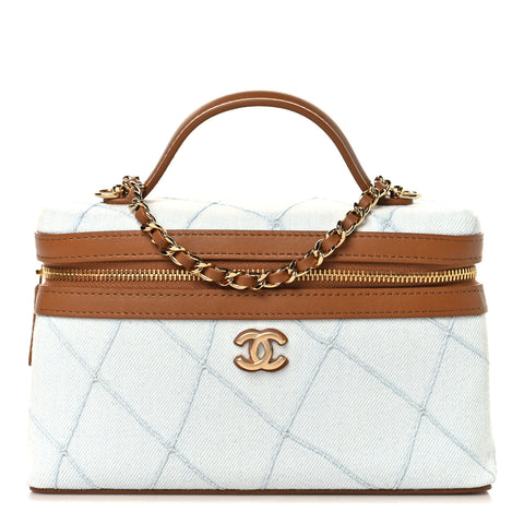 Washed Denim Calfskin Quilted Top Handle Slim Vanity Case With Chain Blue Brown