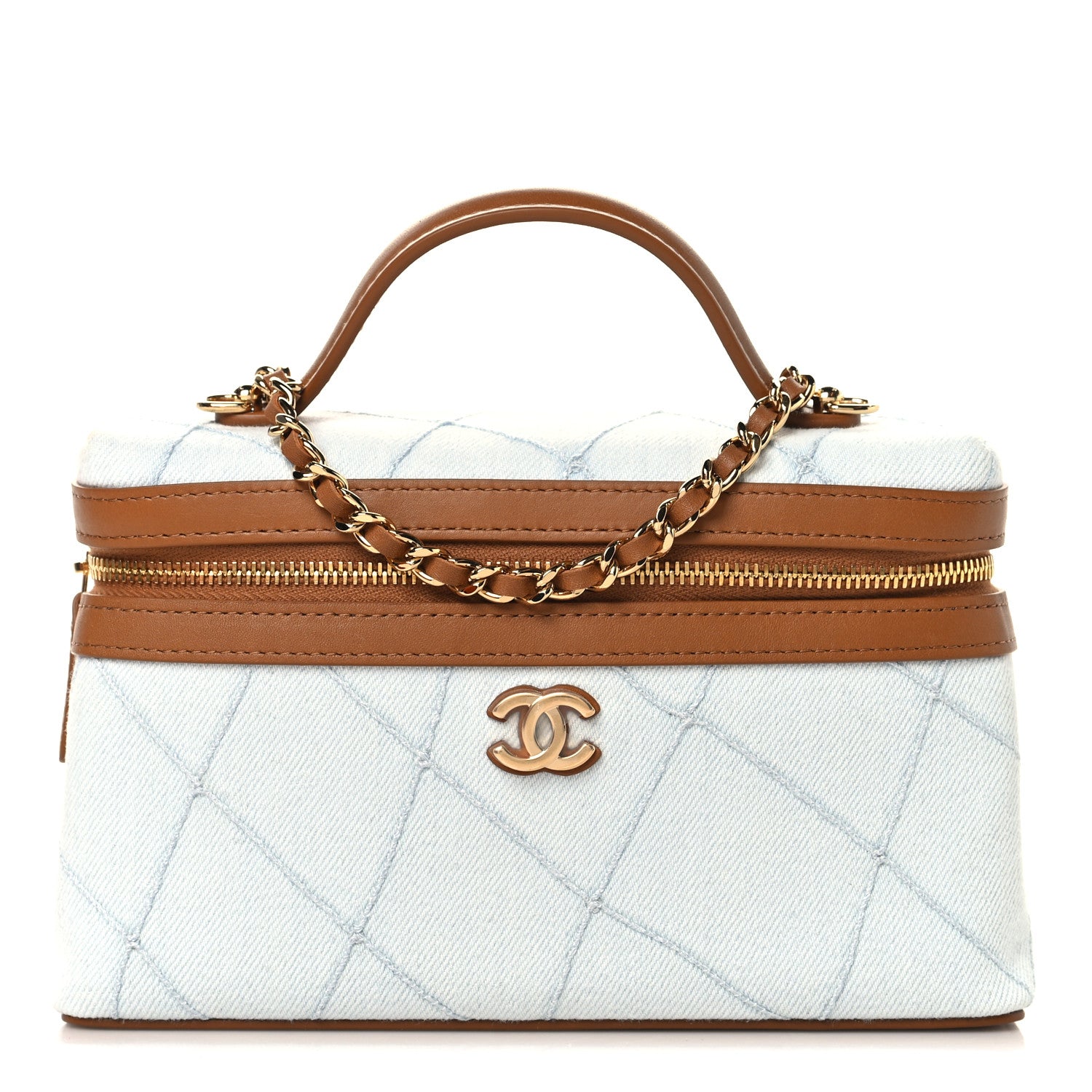 Chanel Denim Calfskin Quilted Coco Beach Top Handle Long Vanity Blue Brown 1 of 12