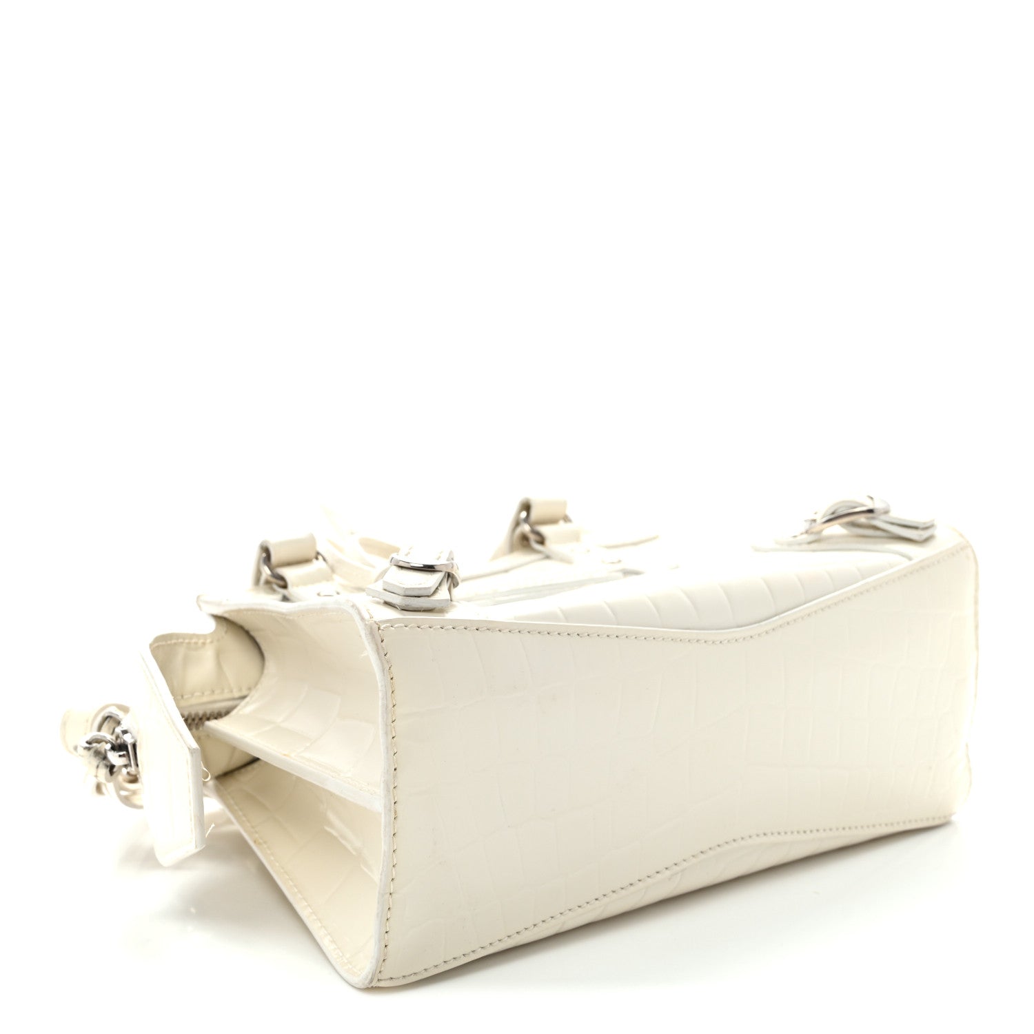 Balenciaga Semi Shiny Calfskin Crocodile Embossed Neo Classic Silver Hardware Nano City Crossbody White 4 of 15
