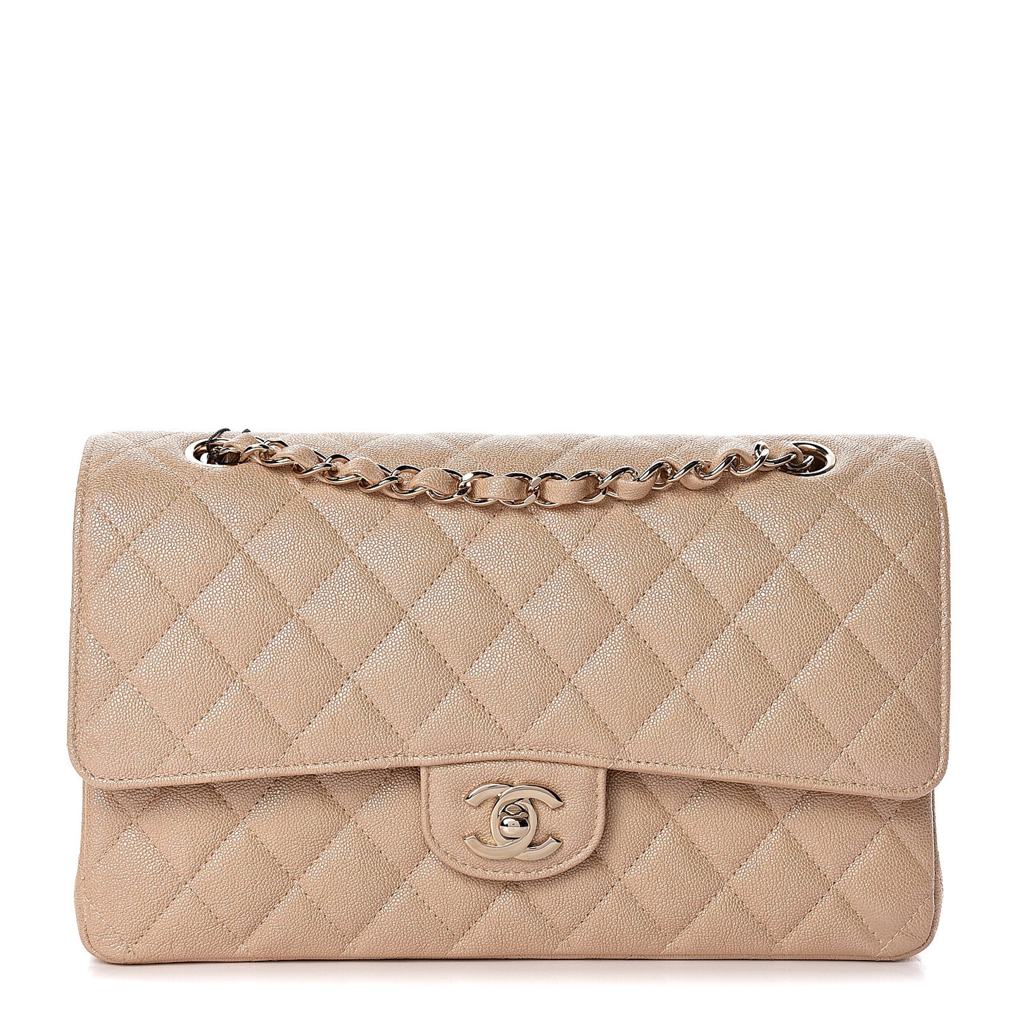 Iridescent Caviar Quilted Medium Double Flap Beige