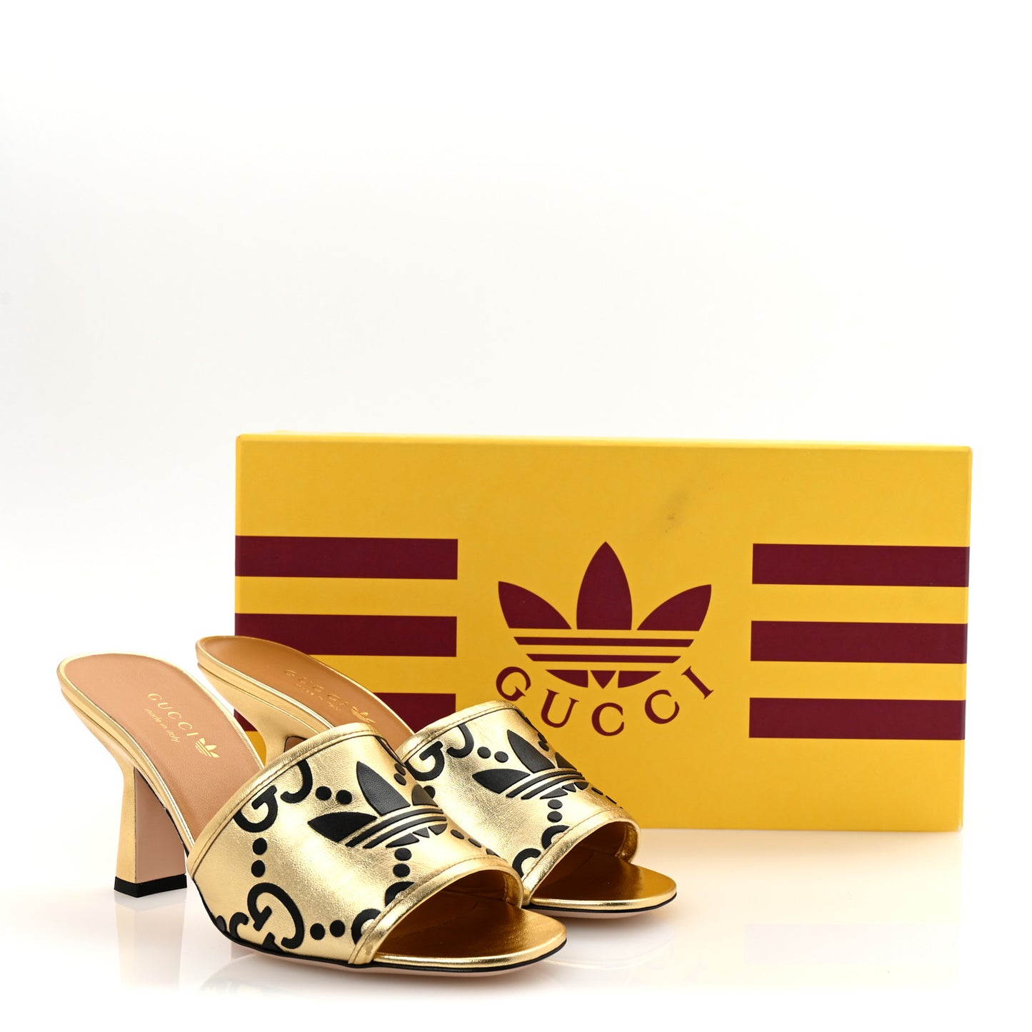 X ADIDAS Nappa Silk Charlotte Monogram Jumbo GG Trefoil 75mm Slide Sandals 37 King Gold Black
