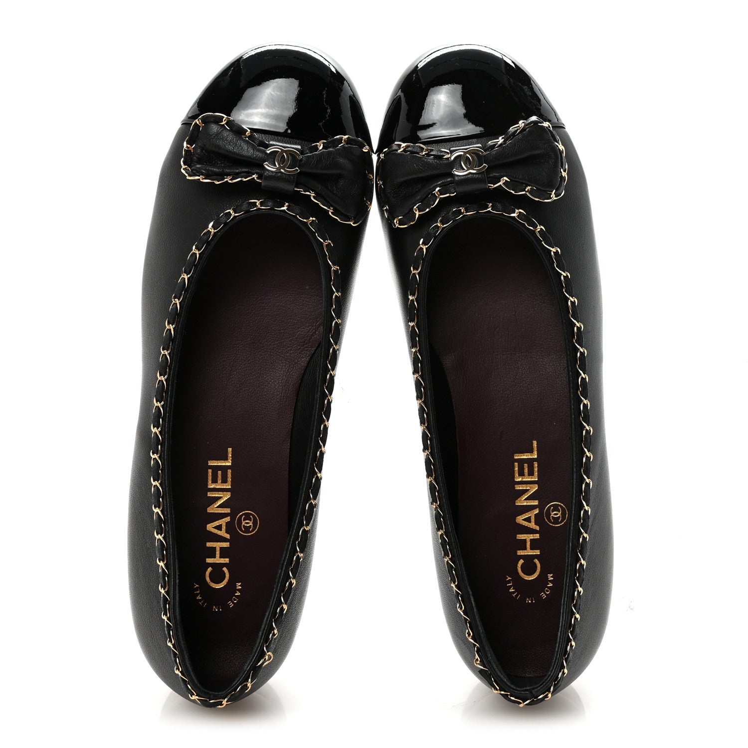Chanel Lambskin Patent Cap Toe Chain Around Ballerina Flats 38.5 Black 2 of 11