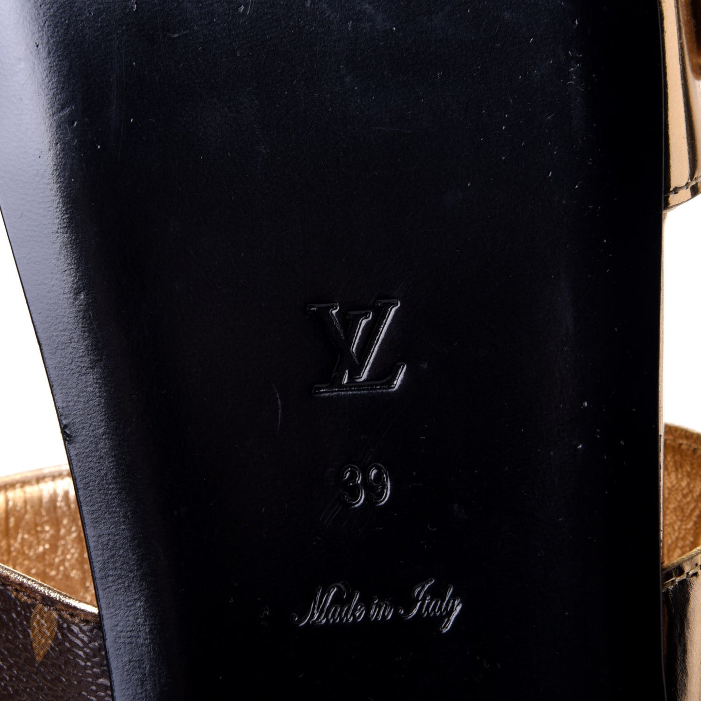 Patent Calfskin Monogram Bom Dia Mule Sandals 39 Gold