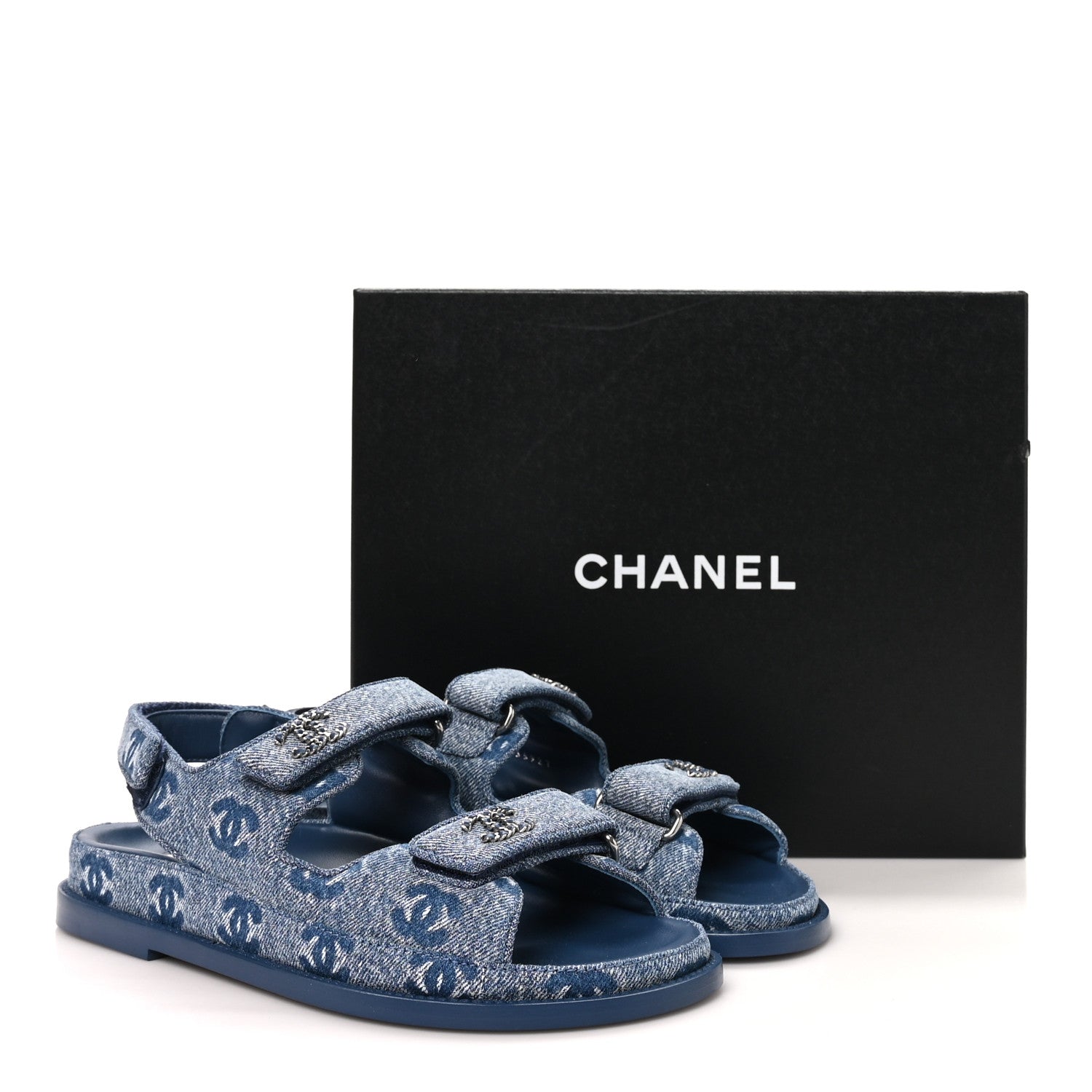Chanel Denim CC Velcro Dad Chain CC Slide Sandals 38 Blue 10 of 10