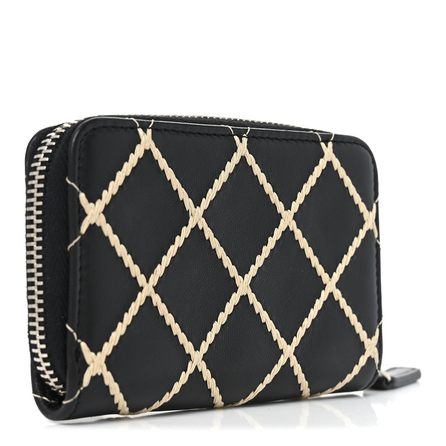 Lambskin Double Stitch Zip Coin Purse Black
