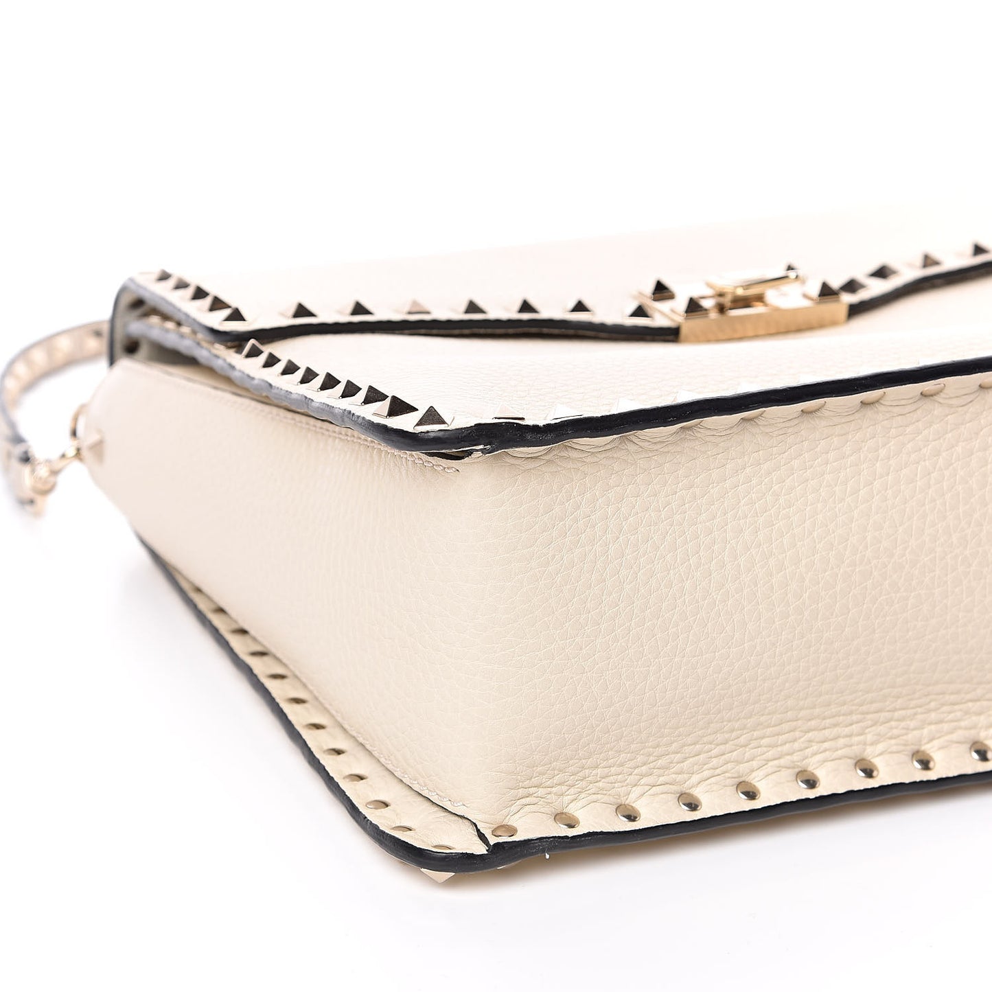 Grained Calfskin Rockstud Top Handle Flap Shoulder Bag Light Ivory