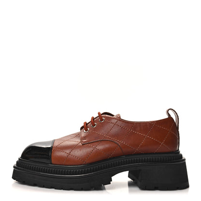 Chanel Calfskin Patent Stitched Cap Toe Lace Up Oxfords 36.5 Brown Black 1 of 11