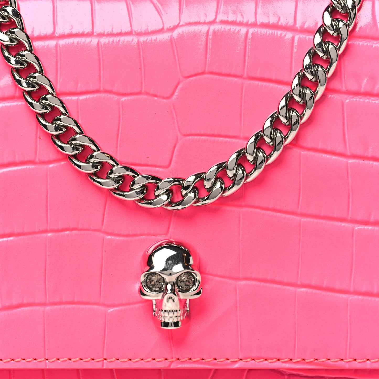 Calfskin Crocodile Embossed Skull Mini Crossbody Bag Neon Pink