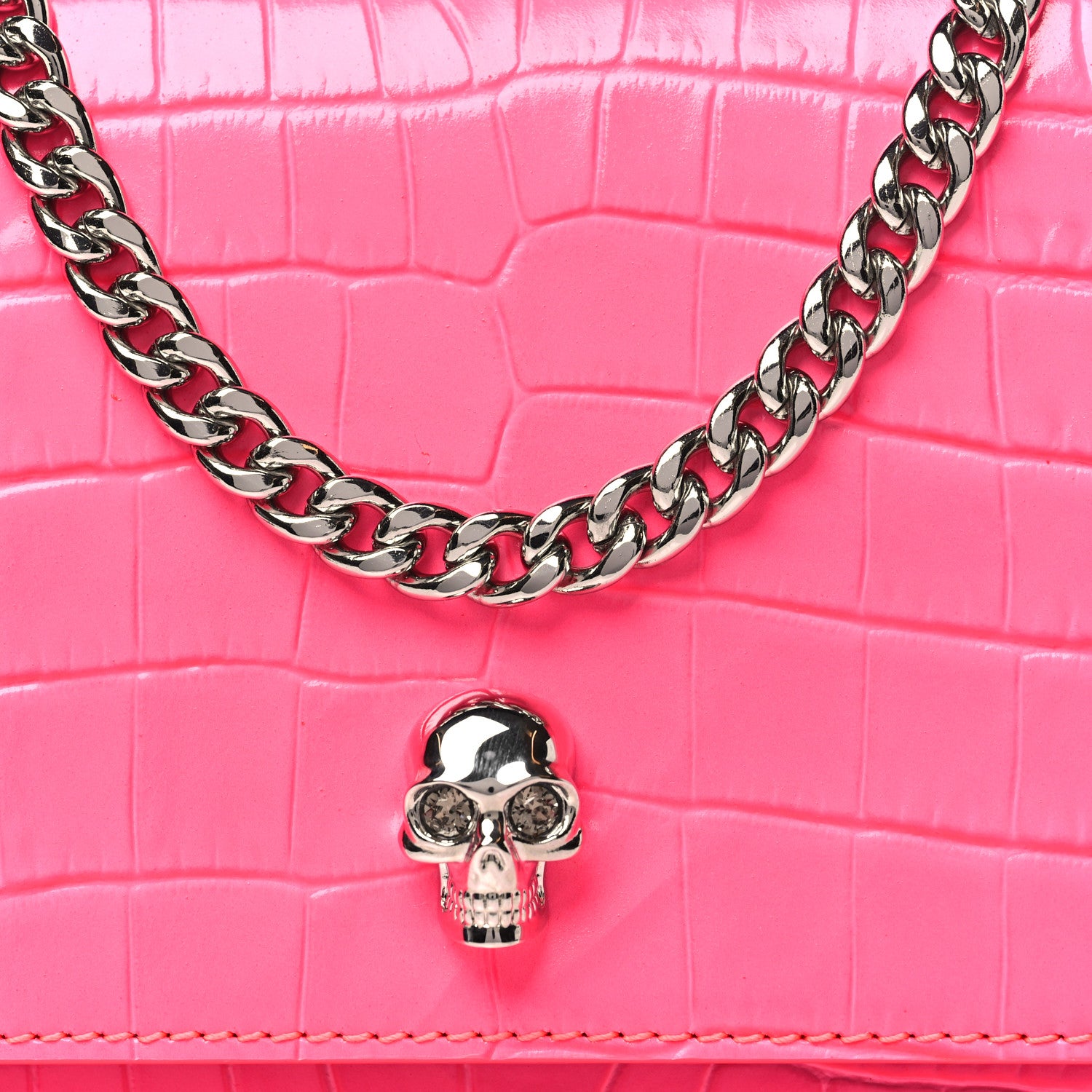 Alexander McQueen Calfskin Crocodile Embossed Skull Mini Crossbody Bag Neon Pink 7 of 10