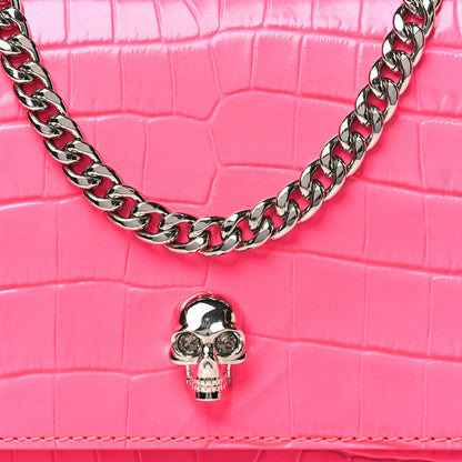 Alexander McQueen Calfskin Crocodile Embossed Skull Mini Crossbody Bag Neon Pink 7 of 10