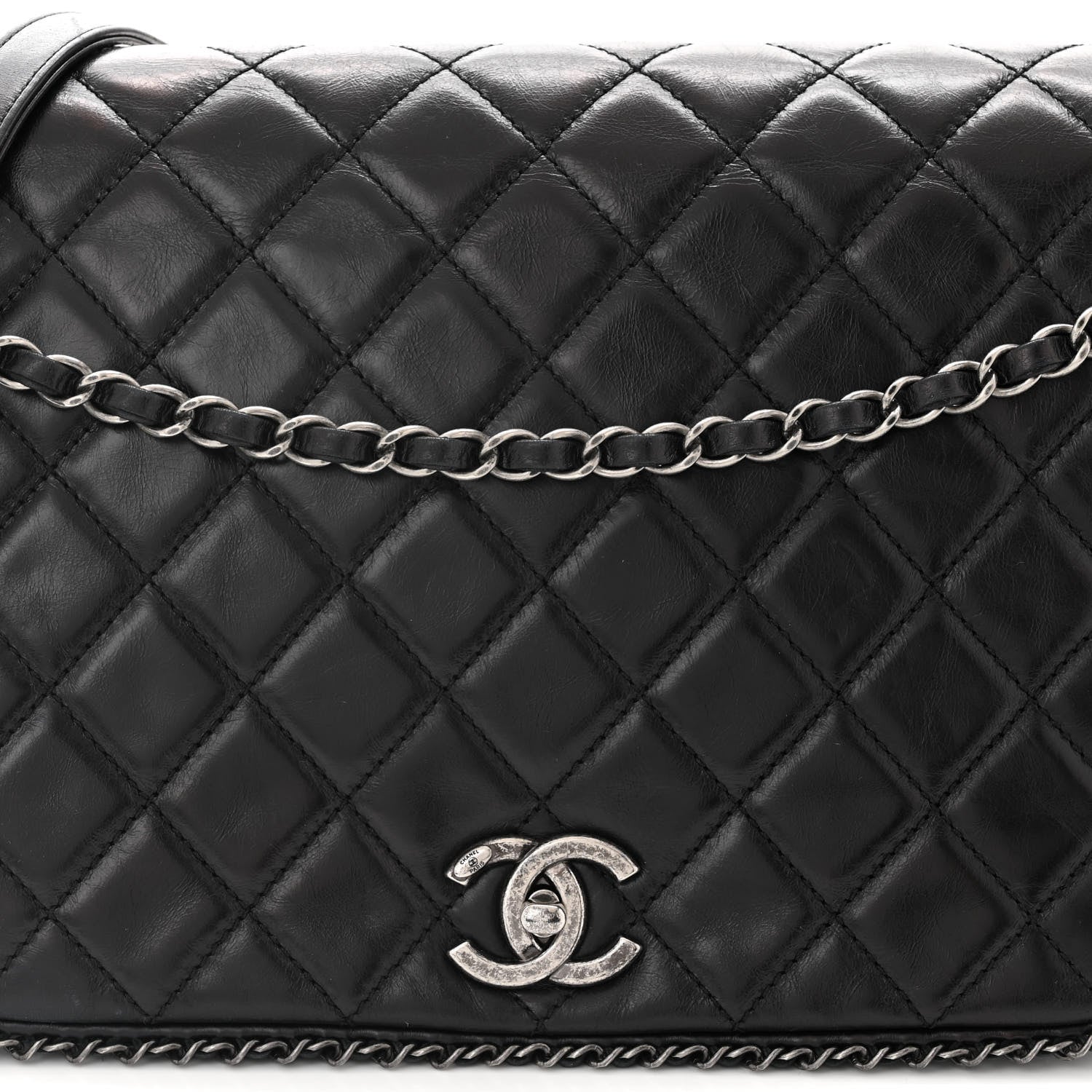 Chanel Glazed Calfskin Quilted Large CC Enchained Accordion Flap Black 8 of 11