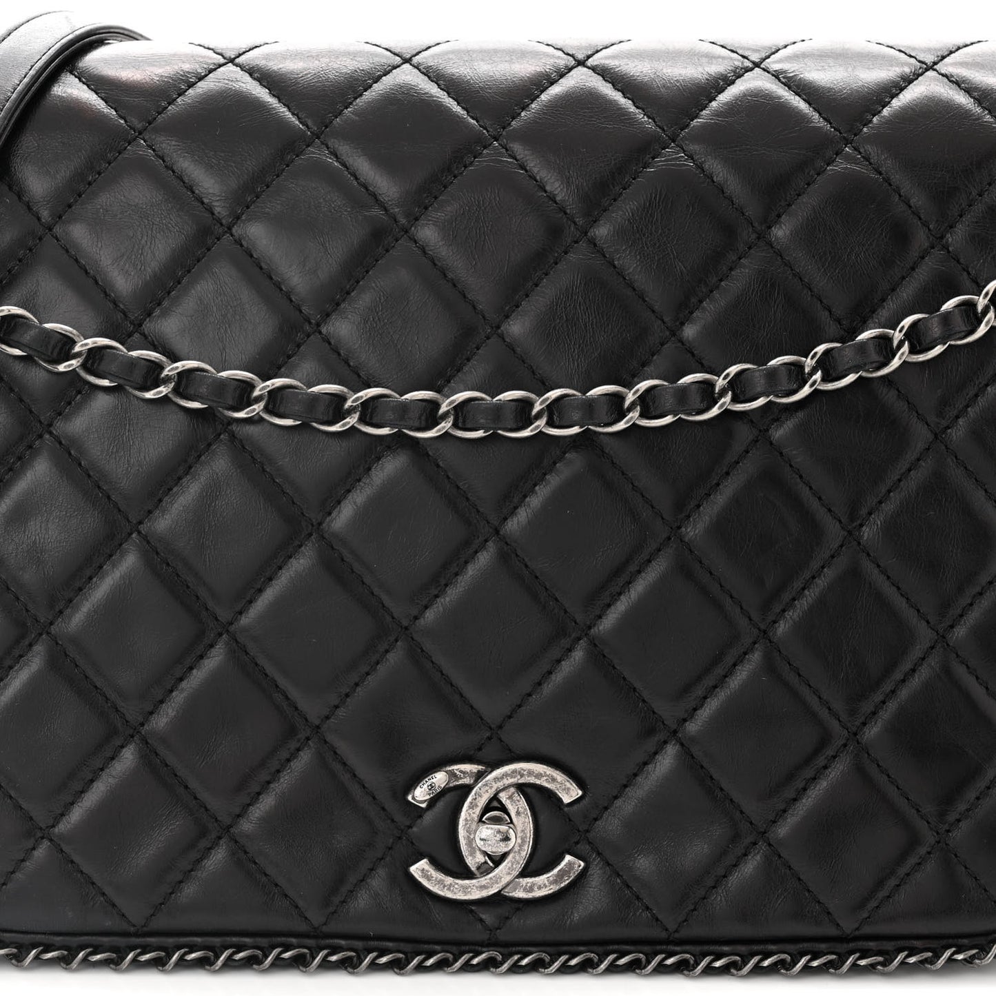 Glazed Calfskin Quilted Large CC Enchained Accordion Flap Black