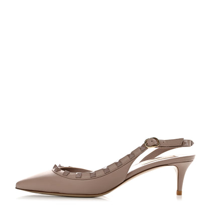 Valentino Garavani Calfskin Lacquered Monochrome Rockstud Half D'Orsay Slingback 50mm Pumps 38.5 Poudre 1 of 9