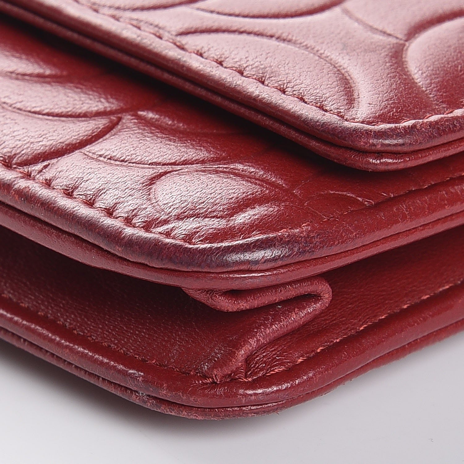 Chanel Lambskin Camellia Embossed Wallet On Chain WOC Dark Red 11 of 14