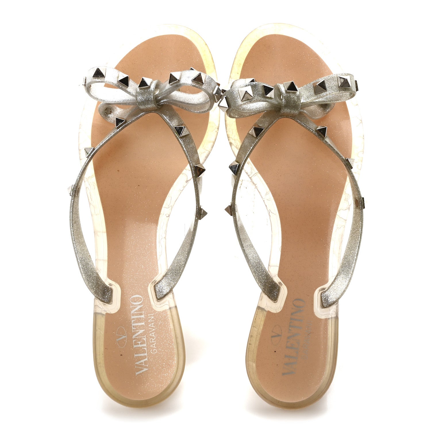Valentino Garavani PVC Jelly Glitter Rockstud Bow Thong Sandals 39 Argento 2 of 8