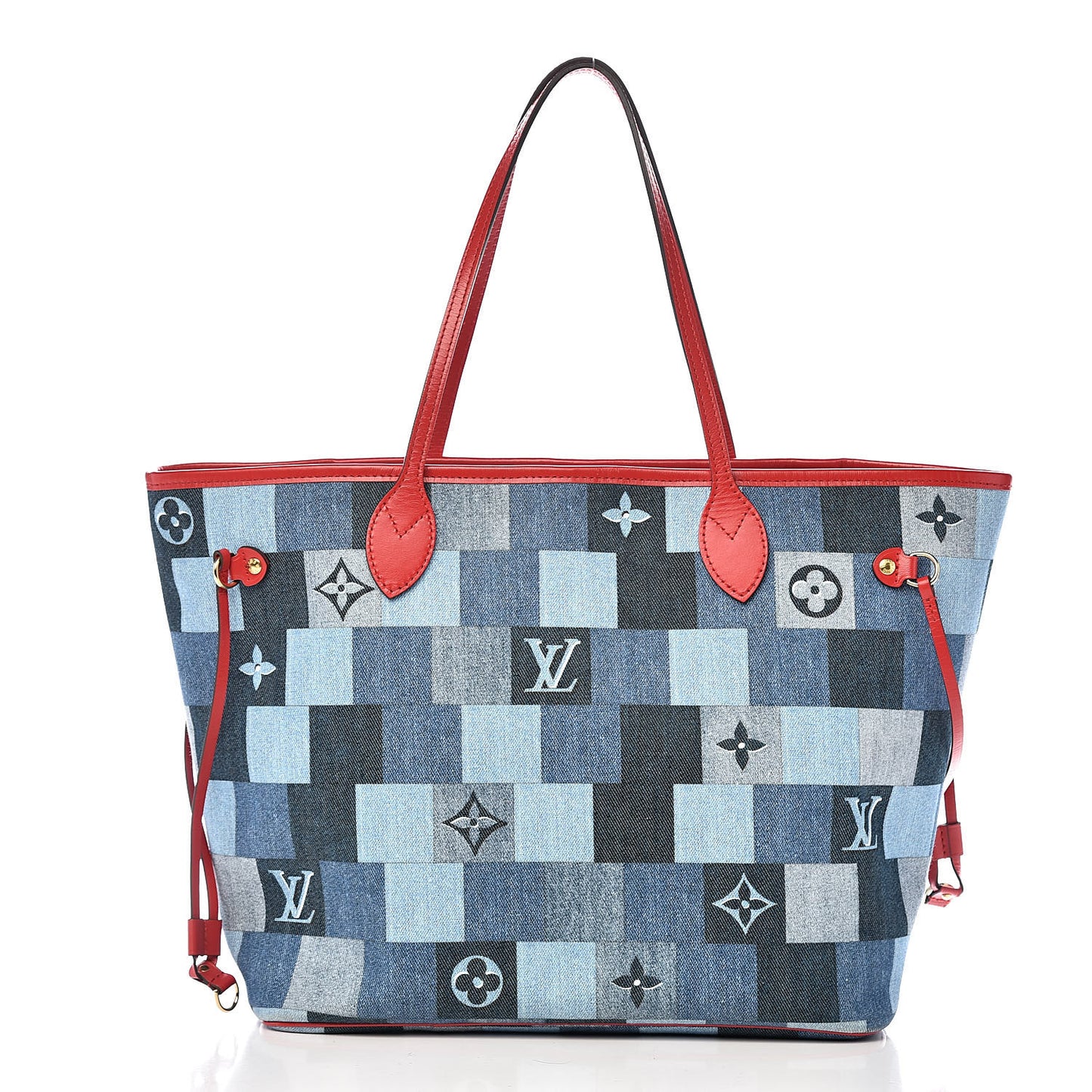 Denim Damier Monogram Patchwork Neverfull Blue Rouge