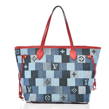 Louis Vuitton Denim Damier Monogram Patchwork Neverfull Blue Rouge 3 of 11