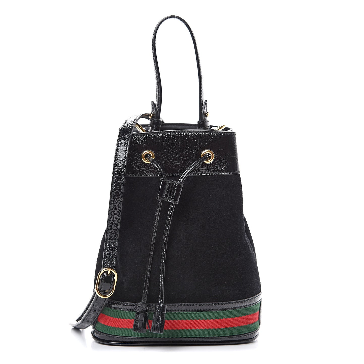 Suede Patent Web Small Ophidia Bucket Bag Black