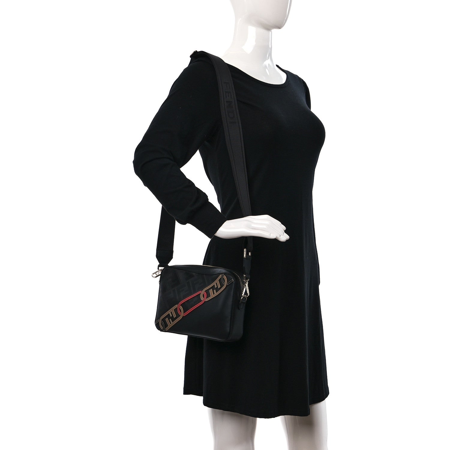 Fendi Vitello King FF Lines Embossed Lock Chain 1974 Diagonal Medium Camera Case Black 2 of 9