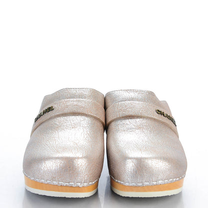 Chanel Metallic Crackled Leather Mules 37.5 Silver 2 of 9