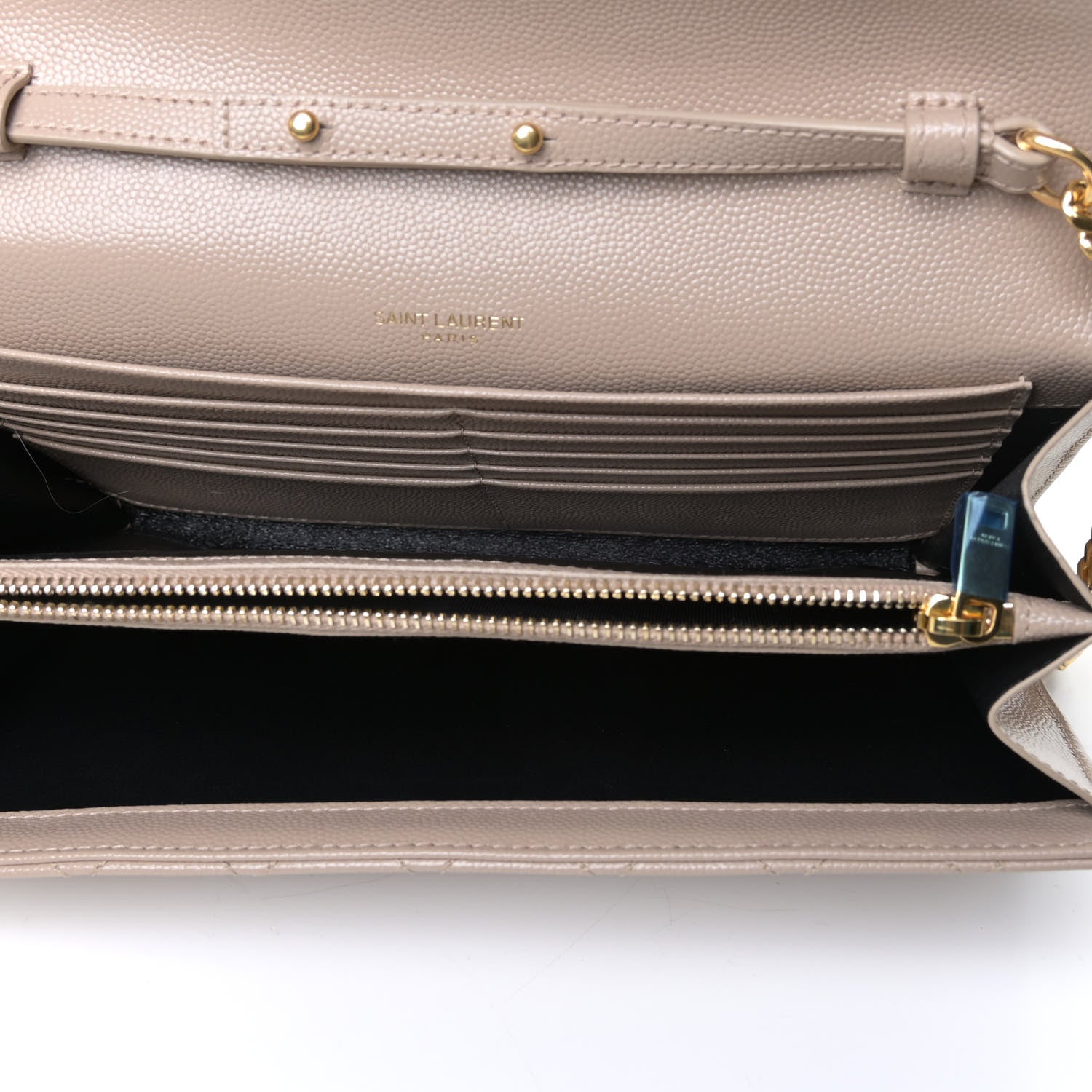 Saint Laurent Grain De Poudre Mixed Matelasse Triquilt Monogram Chain Wallet Dark Beige 9 of 11